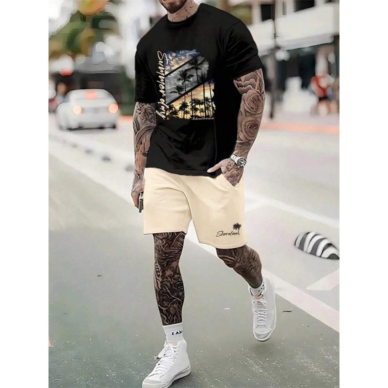Men's Suit Hawaiian Gradient Coconut Print Suit Summer Beach T-Shirt and Pants 2 Piece Fashion Sports Plus Size Men's Suit