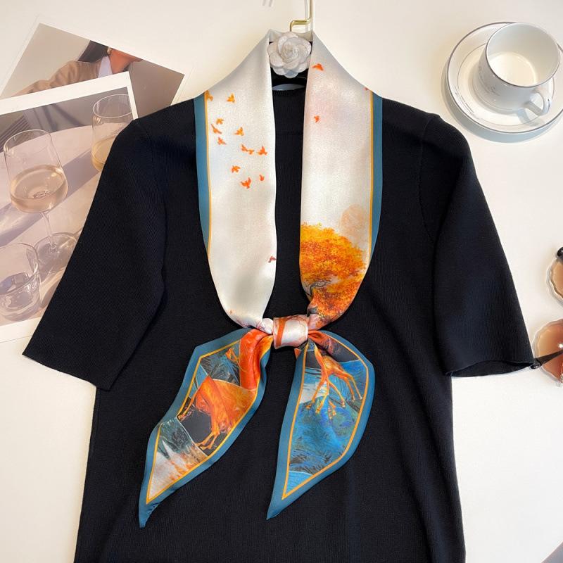 New Summer Small Long Striped Silk Scarf for Women with Versatile Extra Long Hair Strap Scarf Korean Diamond Strap Streamer