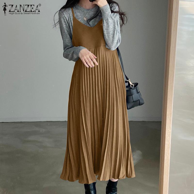 

ZANZEA Женская мода V-образный вырез Без рукавов Ремешки Платье Корейский стиль Плиссированное длинное платье