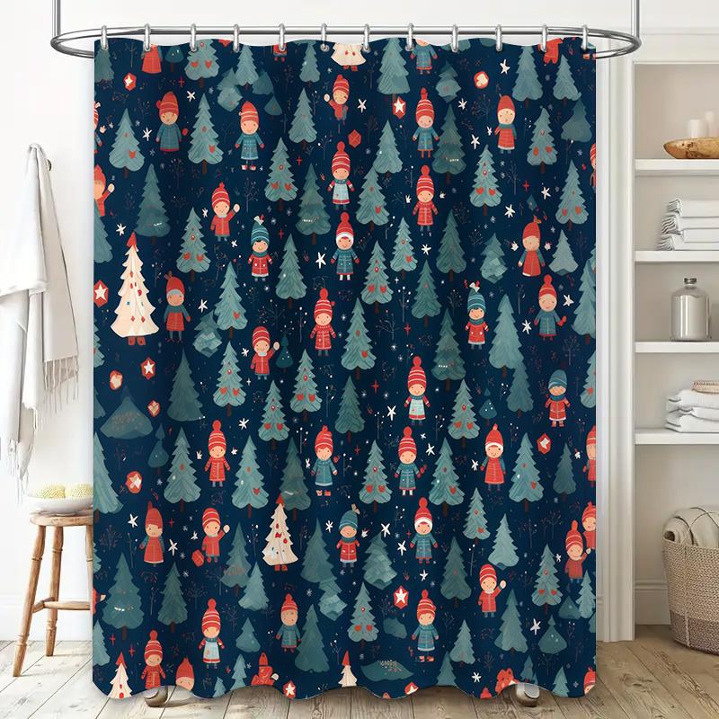 Blue Christmas Tree Santa Claus Shower Curtain Waterproof Bath Mat Decorative Home Decoration Bathroom