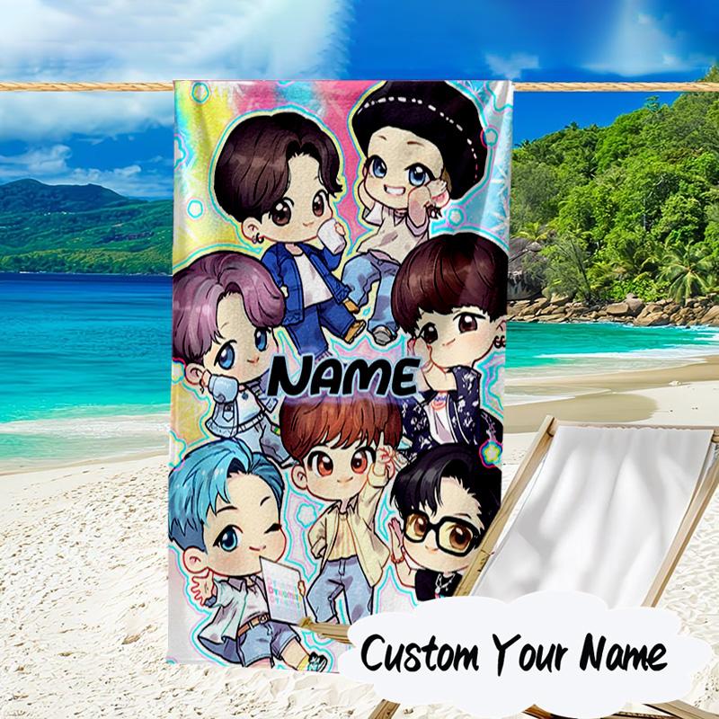 Custom Name K-pop BTS Artwork Characters Microfiber Beach Towel Super Soft & Absorbent for Bath, Beach, Travel Bath Time Accessory, Fan gifts