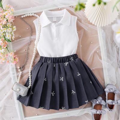 Children's Fashion Set Summer Girls Casual Sleeveless Vest Printed Bow Pleated Skirt Two-piece Set