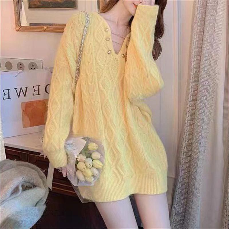 V-neck Twist Sweater Women In The Long Section of The Fall and Winter Loose Lazy Wind Gentle Pullover Knitted Tops