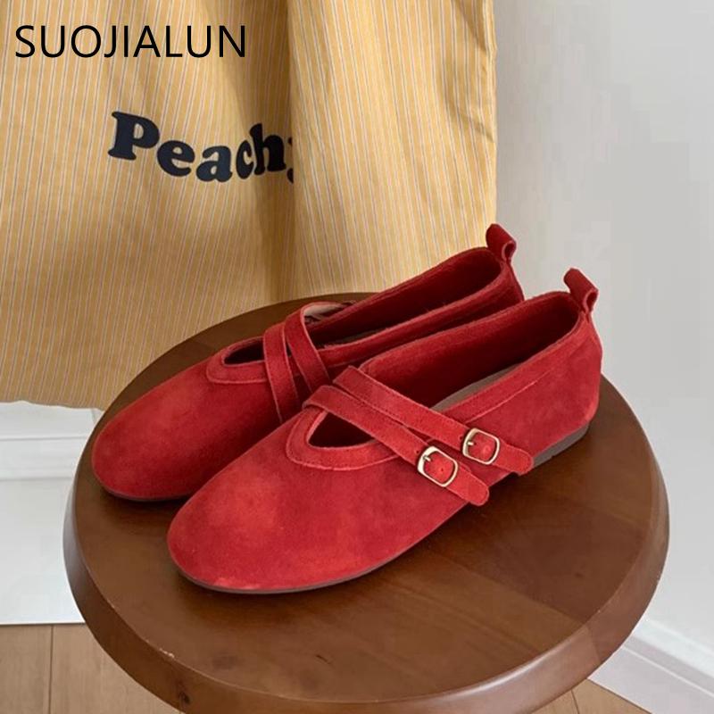 Fashion SUOJIALUN 2025 New Brand Women Flat Shoes Fashion Red Round Toe Ladies Mary Jane Shoes Flat Heel Genuine Leather Single Shoes