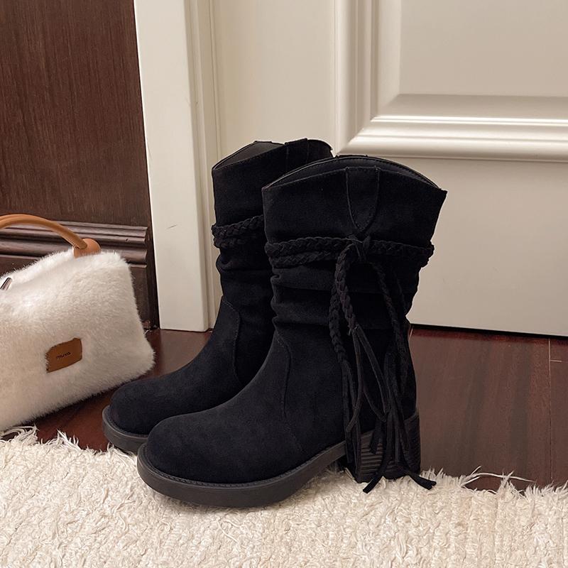 

Winter Fashion Tassel Thick Heel Women Western Cowboy Boots Elegant Slip On Shoes Slim Knight Short Botas De Mujer 35