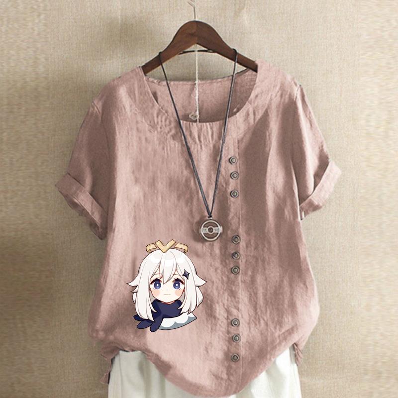 Damska Koszulka T-shirt z Okrągłym Dekoltem i Krótkim Rękawem Casual Bawełniana Lniana Koszula z Nadrukiem Luźna Białe Włosy Dziewczyna Nadruk Letnia Bluzka Top