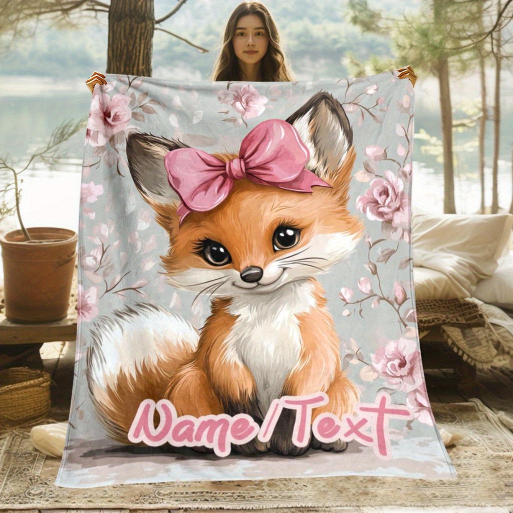 Custom Fox Fleece Blanket With Pink Bow Personalized Name Cute Animal Print Throw Soft Warm All Season Bedding Gift For Girls