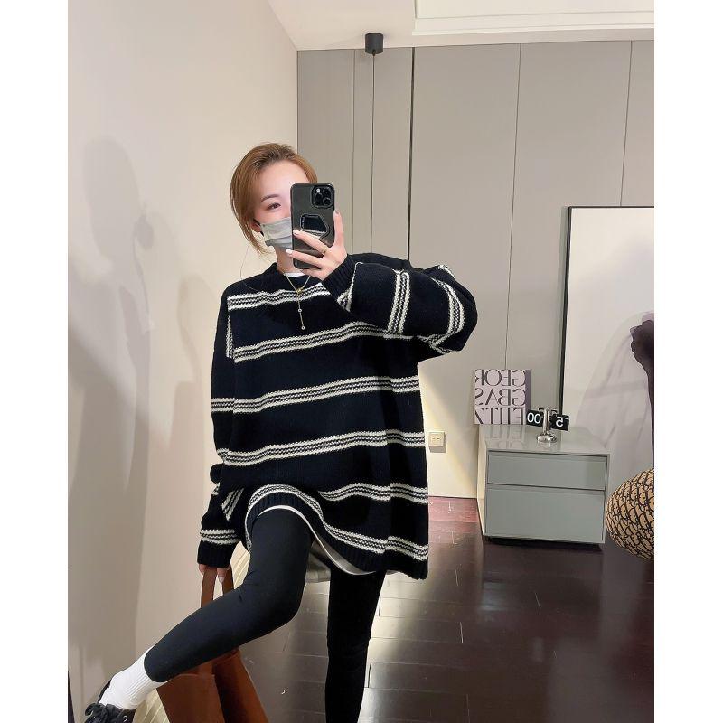 Dámský kávově pruhovaný pletený svetr - Podzim/Zima 2024 Volný střih Středně dlouhý pulovr
