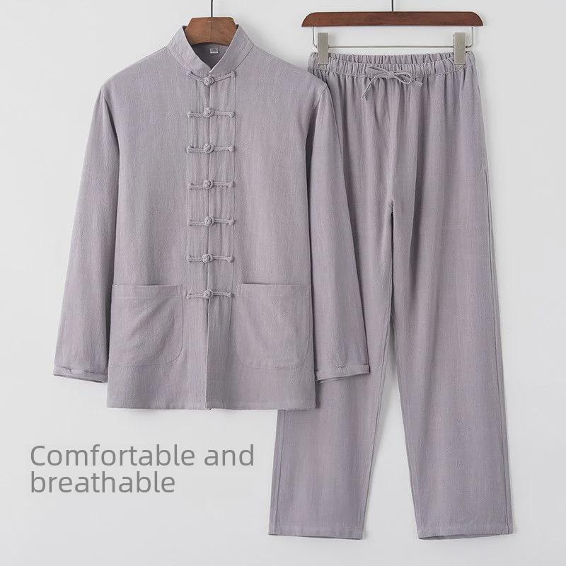 Men's Cotton Linen Tang Suit - Long-Sleeve Retro Chinese Buttoned Attire for Middle-Aged & Elderly, Loose Tai Chi Style