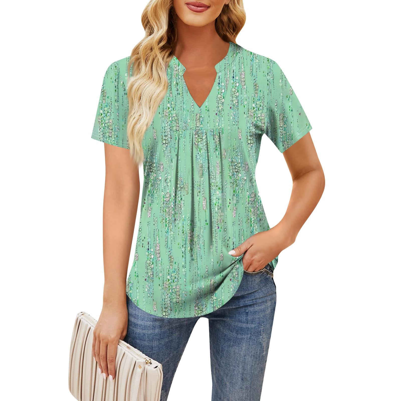 Женская повседневная свободная футболка с коротким рукавом и v-образным вырезом на груди — фото 7