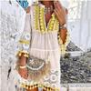 Boho Lace Mini Dress Women Fashion V Neck Three Quarter Sleeve Tassel Dress