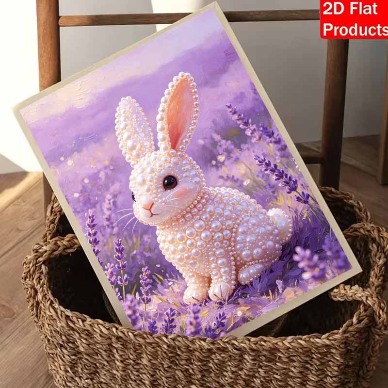 Pearl painting kit features a cute rabbit in a lavender field with 5D pearls and a mosaic art style. home wall decoration.