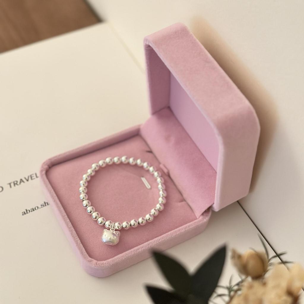 Silver-Plated Beaded Bracelet with Cute Kitty Pendant - Perfect Birthday Gift for Women and Children