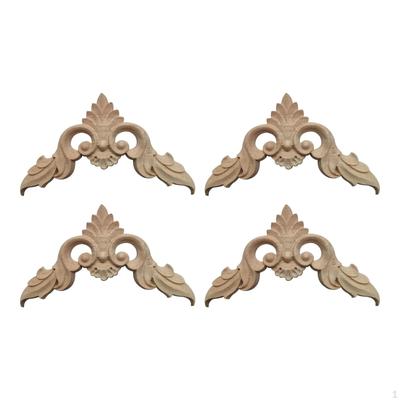4 Wood Applique Corner Onlay Trims Flower Pattern Unpainted Carving Carved for