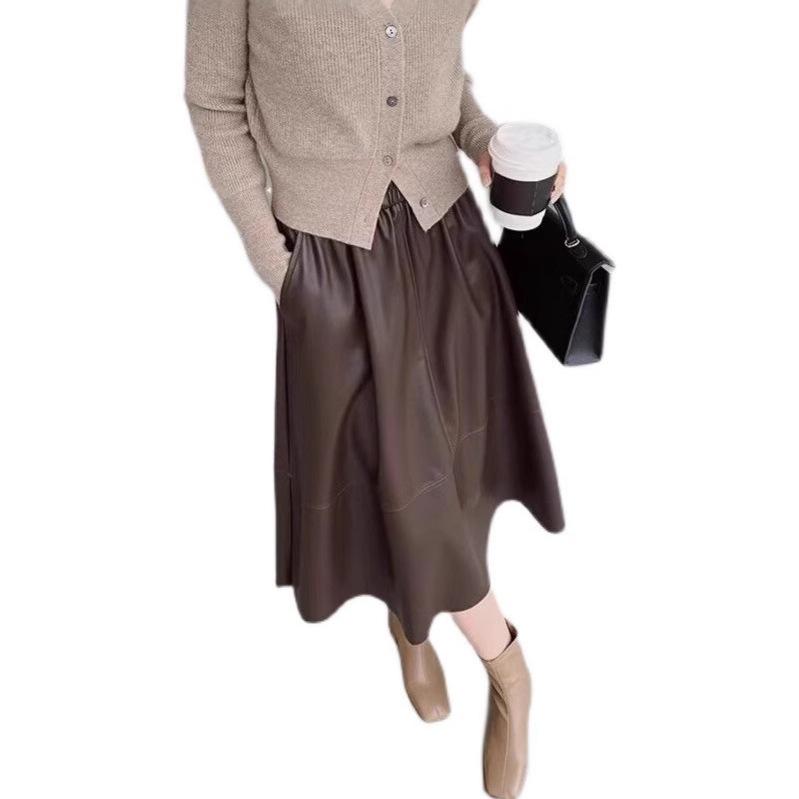 Herbst/Winter 2025 Hochtaillierter Schlankmachender A-Linien-Midi-Rock aus Lammleder für Damen - Vielseitig & Weich