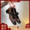 332-65 Leopard Print Cashmere Splicing Square Head Single Shoes Thick Heel French Mary Jane Shoes with Spring and Autumn