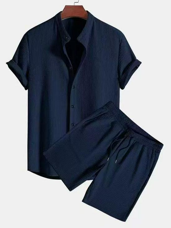 Men's Casual Loose Multi-Color Ribbed Short Sleeve Beachwear Two-Piece Set