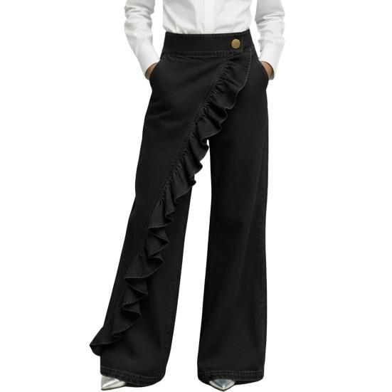 Women Denim Trousers, Wide Leg Elastic Waist Casual Pants, Soft Comfortable Loose Fit Trousers for Daily Wear Street Party