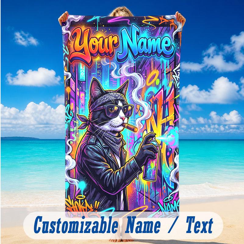 Cat Theme Beach Towel Personalized Custom Name & Text Soft Quick Dry Beach Towel for Swimming Travel