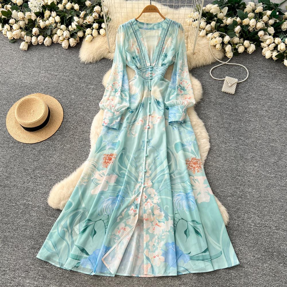 Palace Floral Maxi Dress Women Summer Holiday Chiffon Long Dresses Shirt 2026 Spring Long Sleeve Single Breasted Party Dress