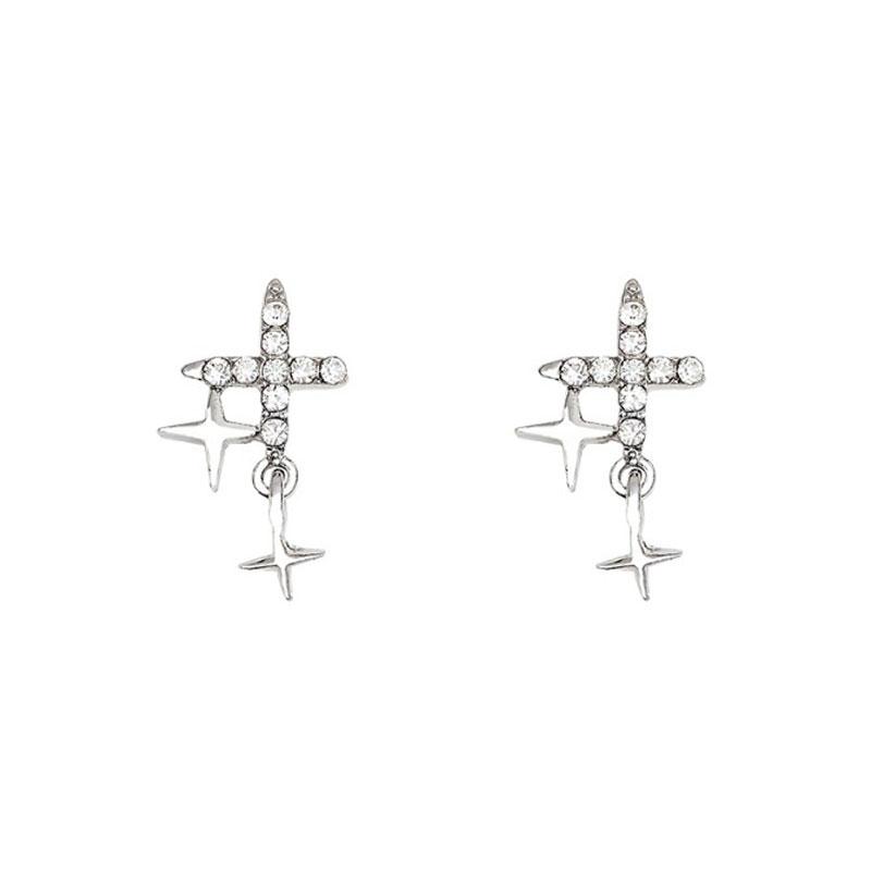Silver Color Female Cross Star Stud Earrings Vintage Wedding Jewelry White Imitation Zircon Stone Earrings Accessories