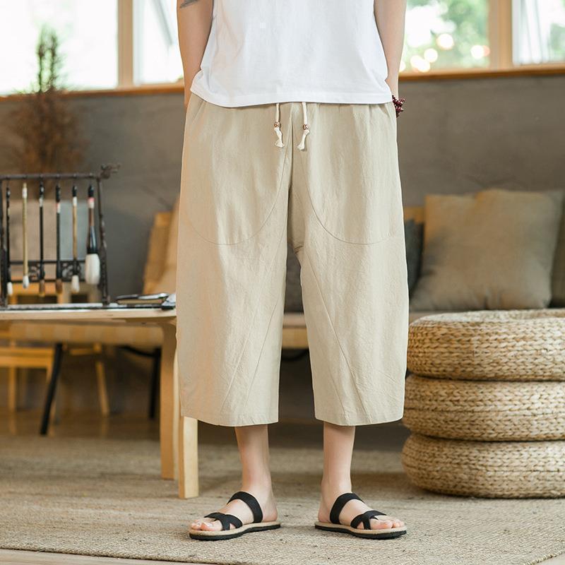 Men s Beige Linen Blend Elastic Waist Drawstring Cropped Pants M хаки