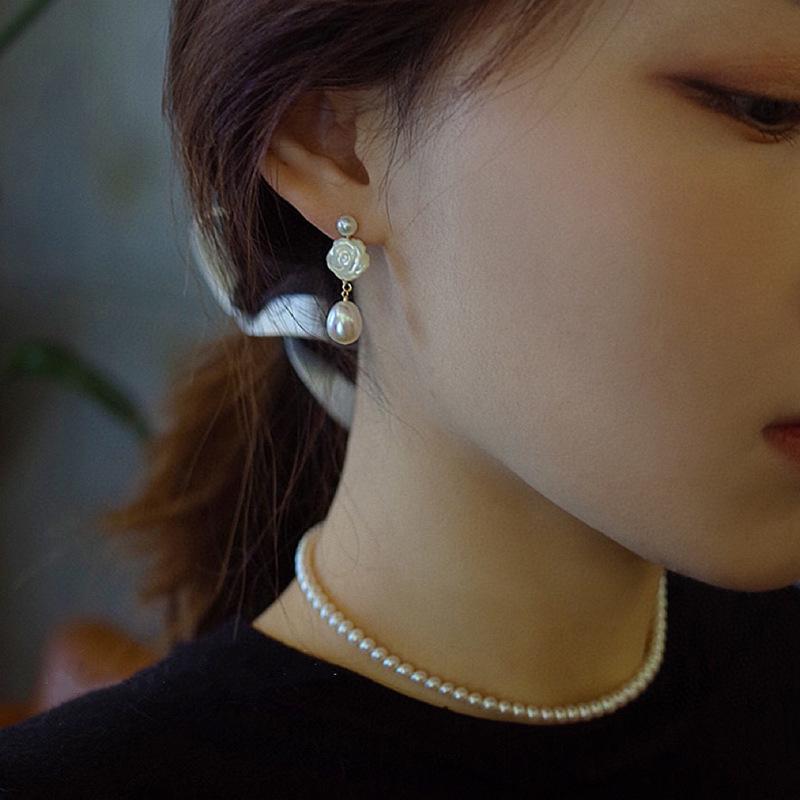 Natural freshwater pearl rose earrings s911 silver needle French retro light luxury high-end flower long earrings