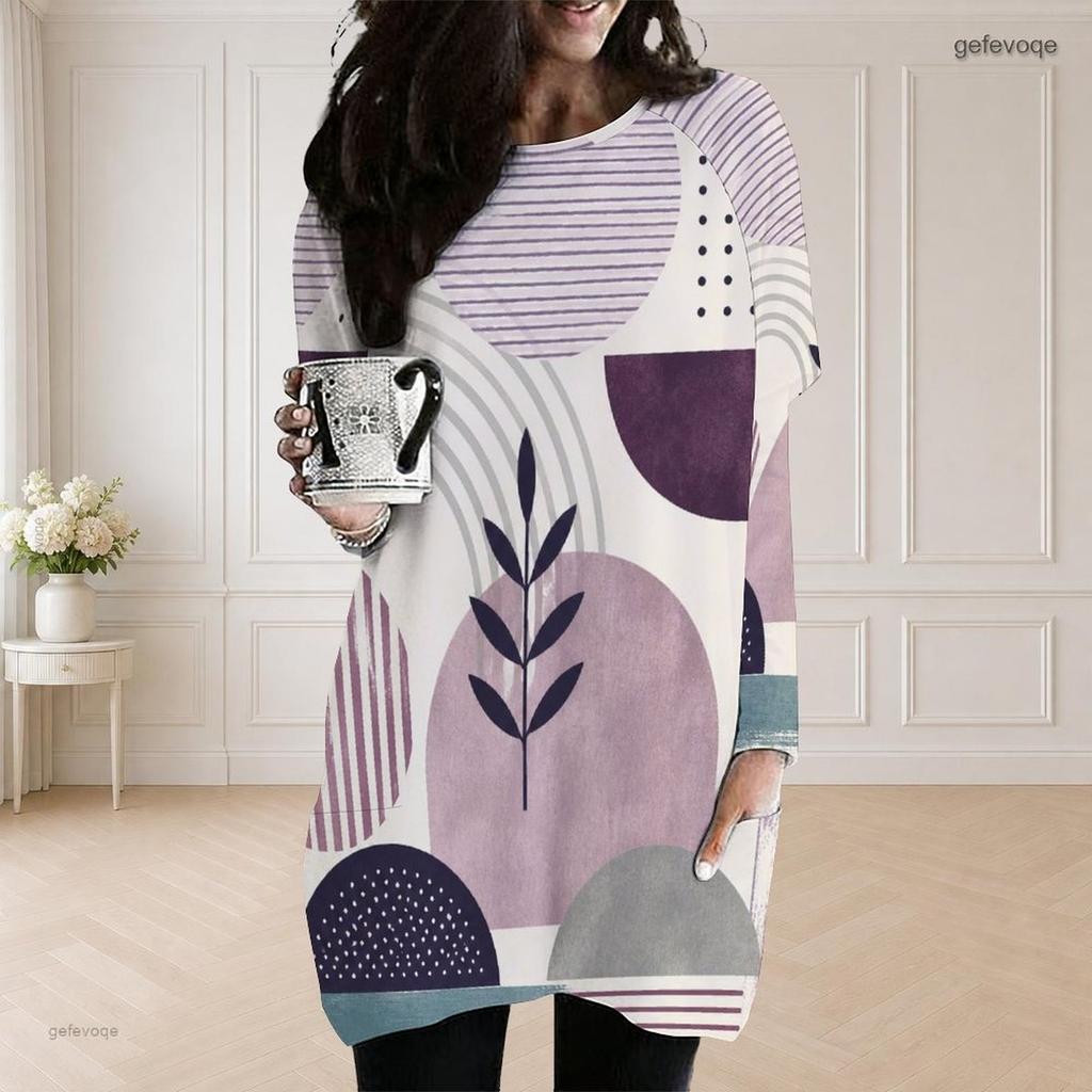 Women Plus Size Round Neck Long Sleeve Abstract Printed Loose Longline Top With Pockets