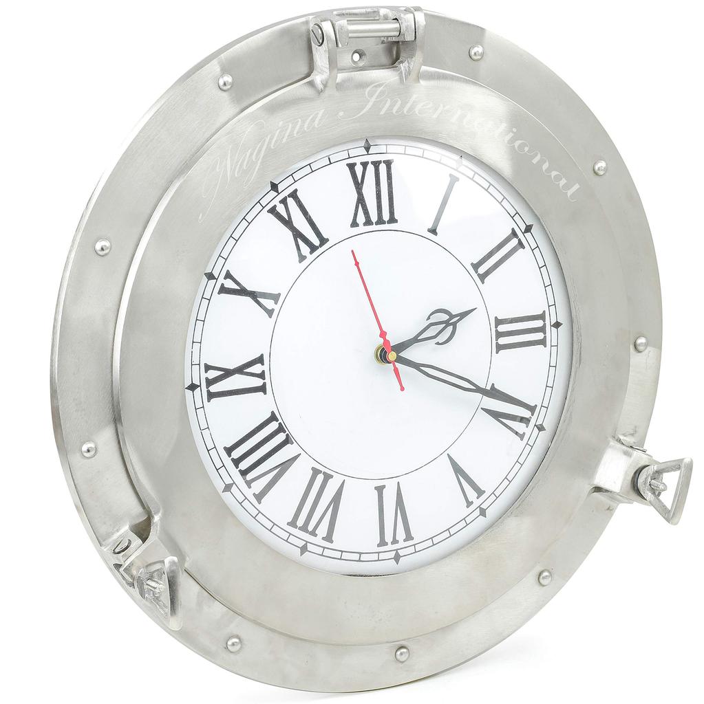 Nagina International Brushed Nickel Aluminum Metal Roman Porthole Clock | Nautical Navy Decor Gifts (12 Inches) TA8-S4Q-MHW