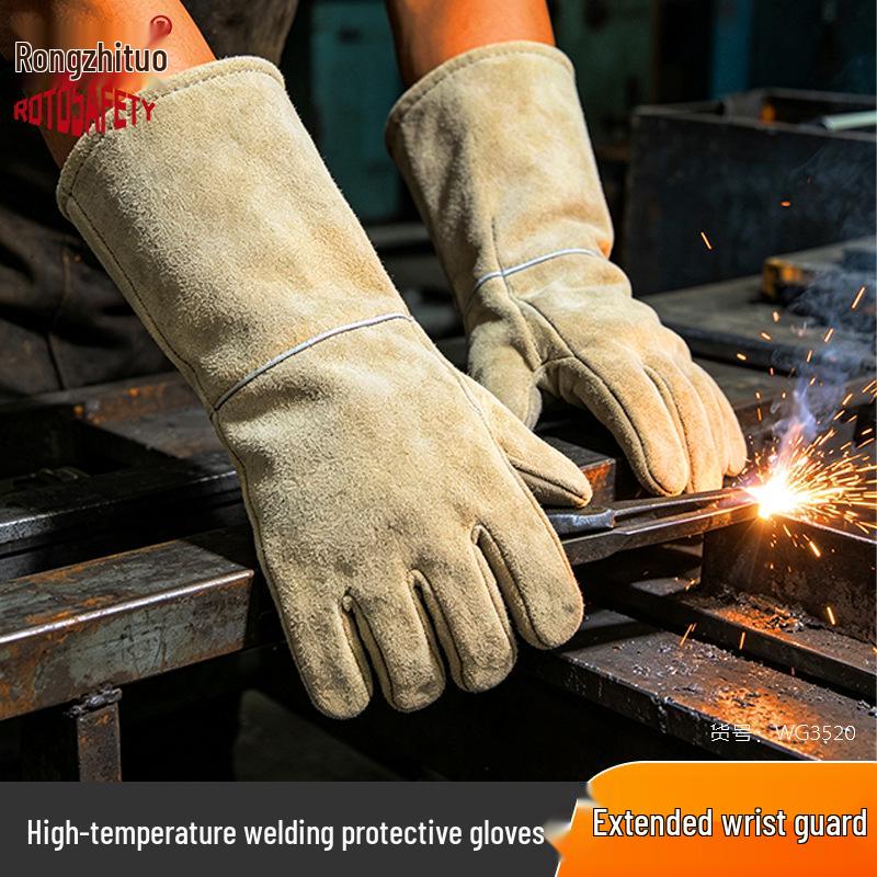 Cowhide Heat & Puncture Resistant Welding Gloves - Fireproof, Wear-Resistant, Ideal for Construction & Camping.