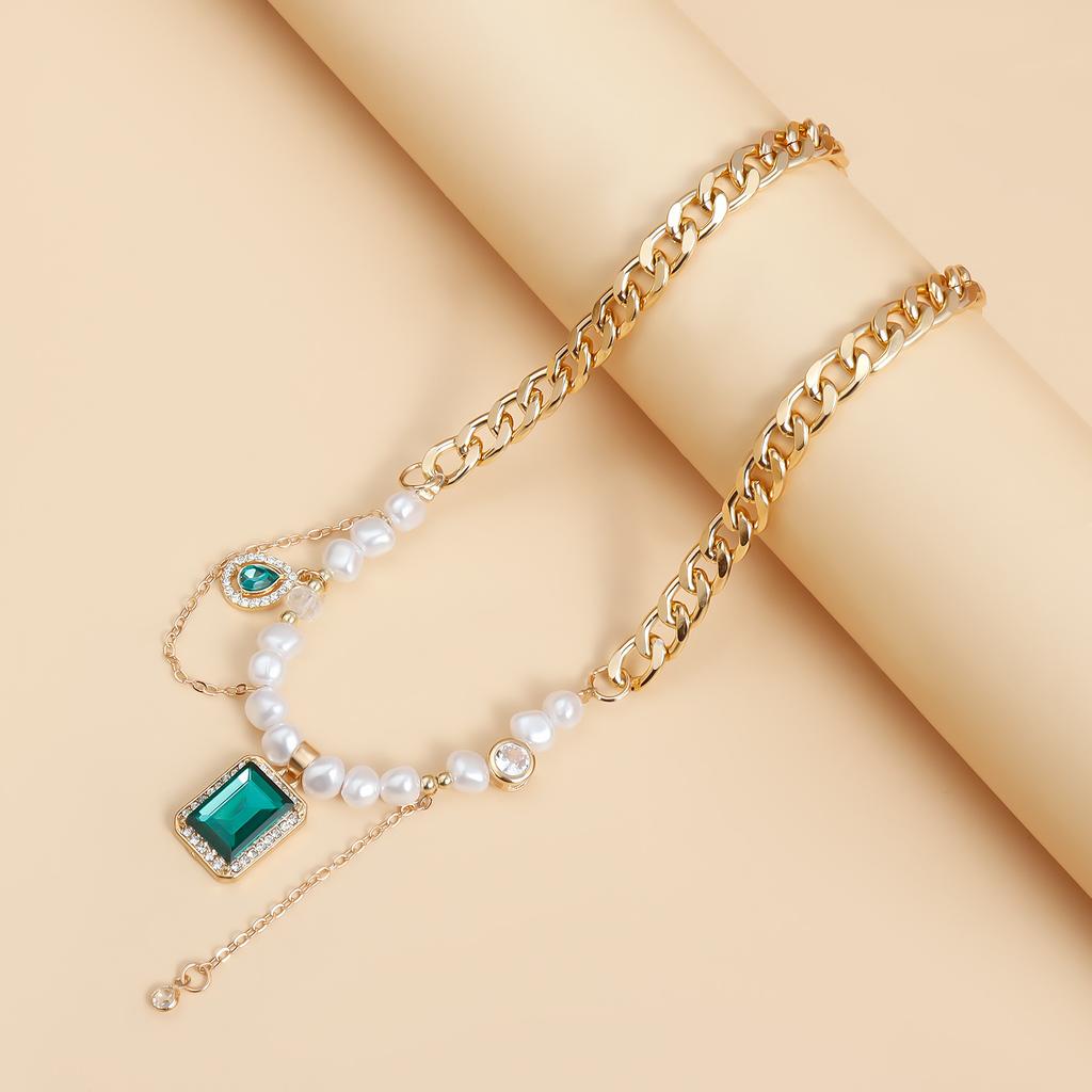 Jewelry Ethnic Style Emerald Imitation Pearl Splicing Clavicle Chain Neck Chain Personalized Retro Necklace