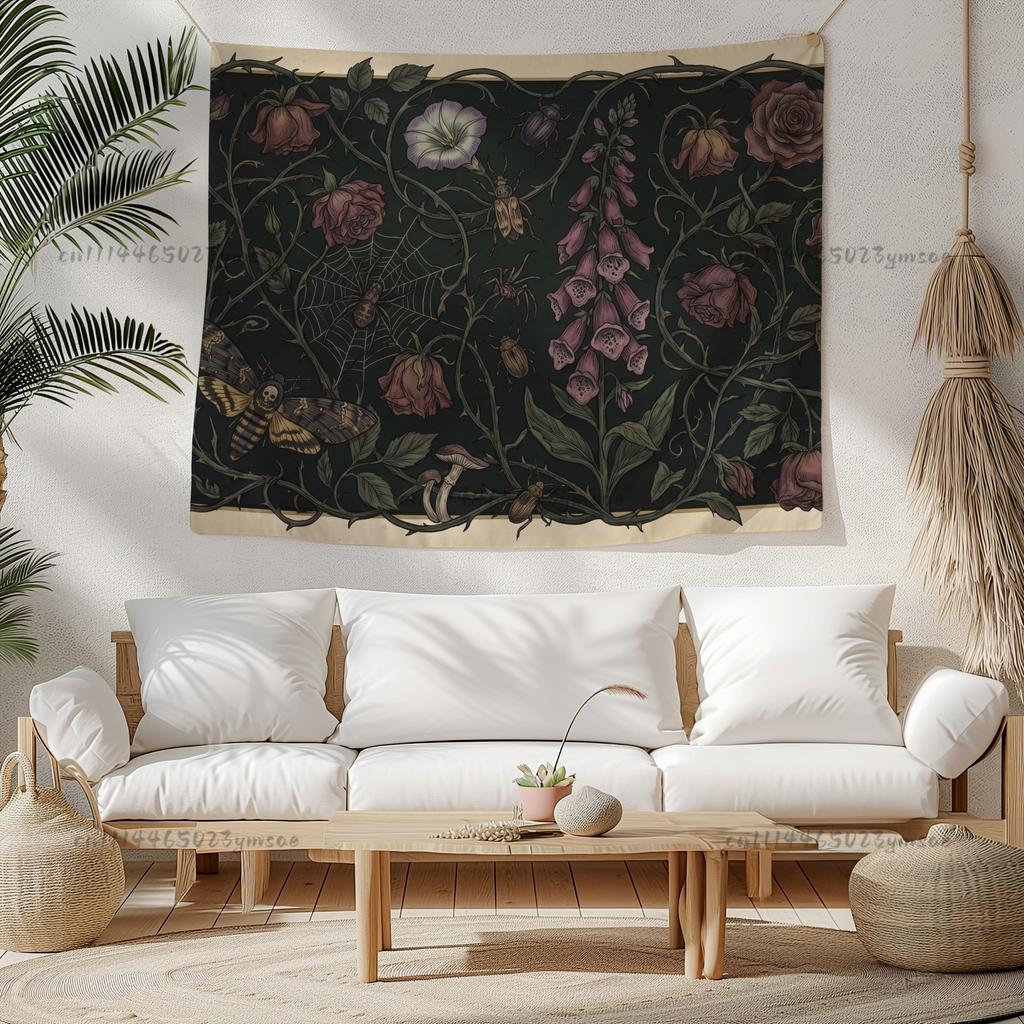 Vintage Mandala Tapestry Gothic Botanical Wall Tapestry Death's Head Moth Wall Hanging Backdrop Cloth Hippie Flag Wall Art Decor