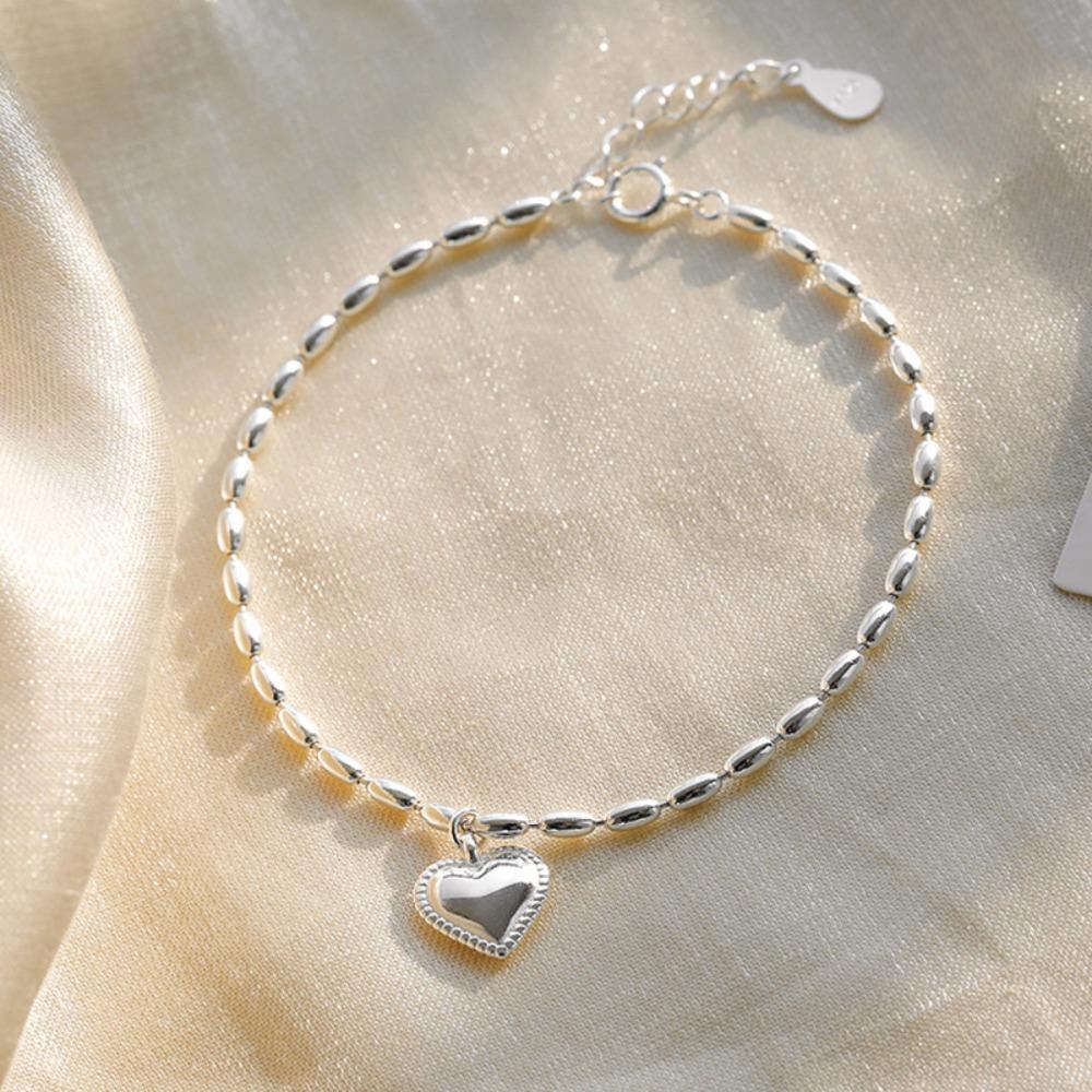 

S925 Silver Rice Grain Heart Bracelet for Women Unique Vintage Design Trendy Friendship Bracelet