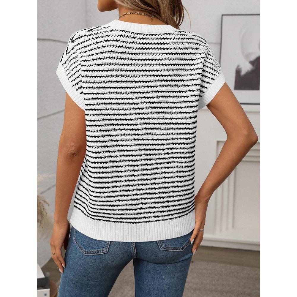 Summer and Autumn Round Neck Knitted Top Casual Striped Contrasting Women's Sweaters
