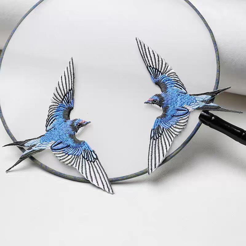 1Pair Blue Swallow Embroidery Patch Multi-Pose Symmetrical Design Iron On Applique For Clothing Hole Repair