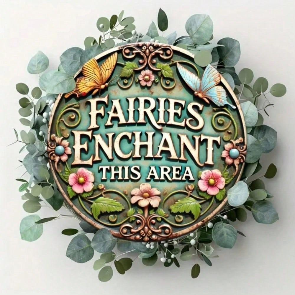 2D Fairy Butterfly Round Metal Sign Vintage 8In Garden Wall Art Floral Decor