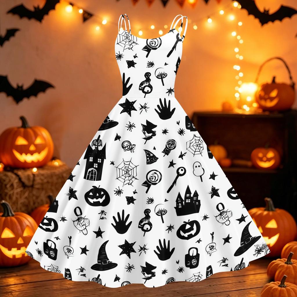 Women's Halloween Pumpkin Print Off Shoulder Dress Vintage Punk Style Flared Skirt Sleeveless Spaghetti Strap Dress