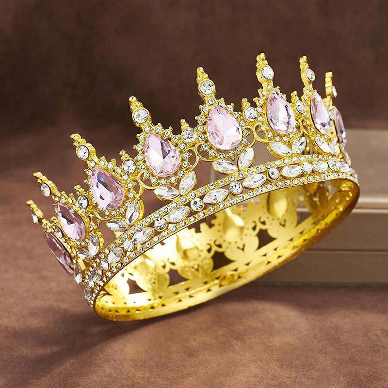 Luxury Color Baroque Queen Crown Colorful Sparkly Rhinestone Wedding Crown Bride Princess Full Round Tiaras Headband Headpieces