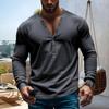 Yousheng Men Spring Autumn Top Button Decor V Neck Long Sleeves Solid Color Pullover T-shirt Stretchy Slim Fit Fitness Sport Top