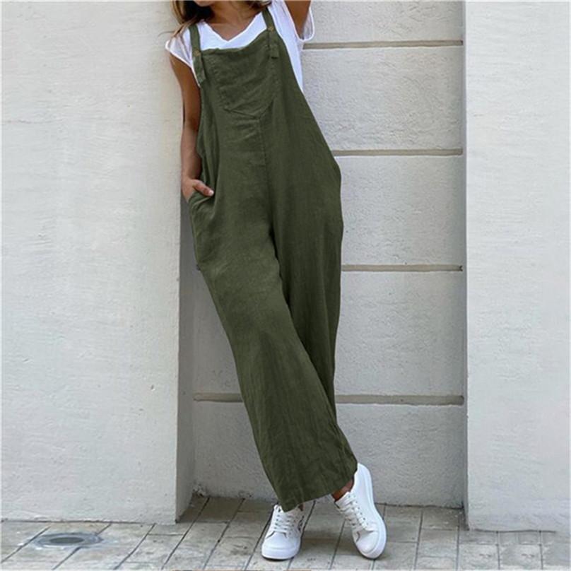 Women Suspender Rompers Overalls Vintage Jumpsuits Playsuits Fashion Long Pocket Wide Leg Pants