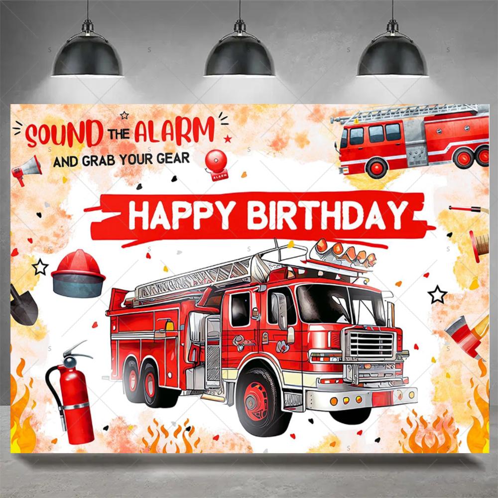 Firefighter Firetruck Theme BackgroundRed Fire Truck Children Boy Birthday Party Decor Baby Shower Photography Backdrop Props
