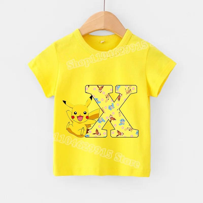 

Pokemon T-shirt for Children A-Z Letters Tee Tops Cute Pikachu Boys Girls Clothes Anime Kids Short Sleeve White Loose Clothing 110