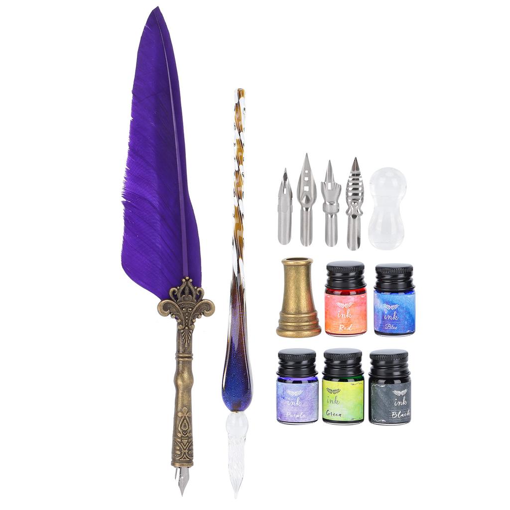 Calligraphy Pen Set Glass Ink Feather Fountain Pen with Replaceable Nib Writing Gift Box KitSP118014 Purple