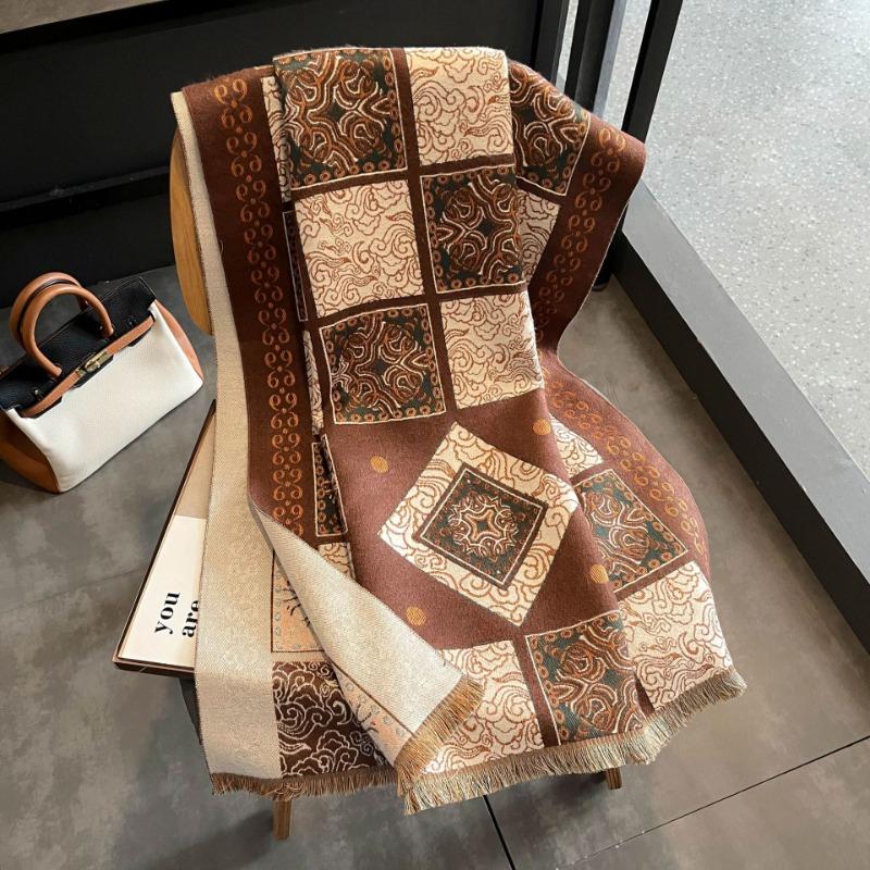 Imitation cashmere scarf women's autumn and winter new retro totem shawl thickened warm loose beard scarf