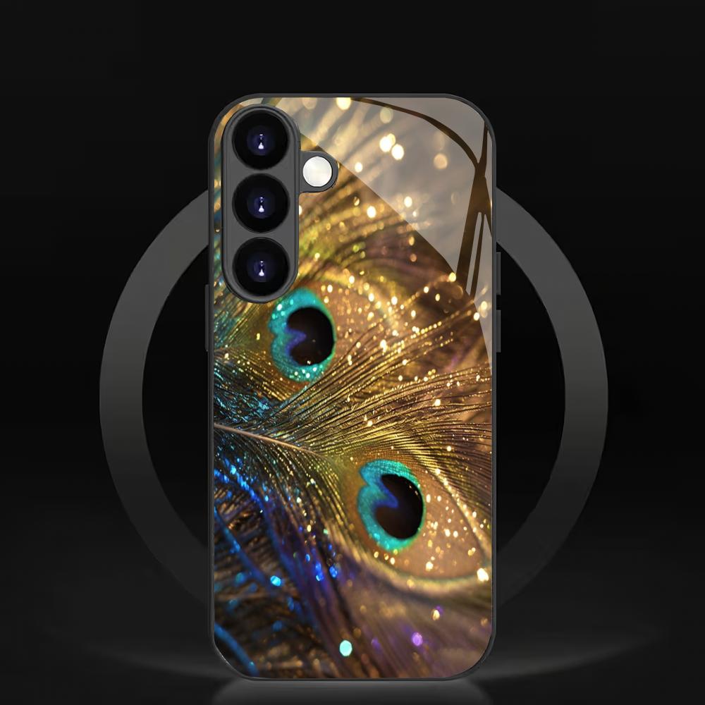Peacock Feather Tempered Glass Phone Case Suitable for Samsung Galaxy S26 S25 S24 S23 S22 S20 FE/Ultra/Plus Anti Drop Rear Cover