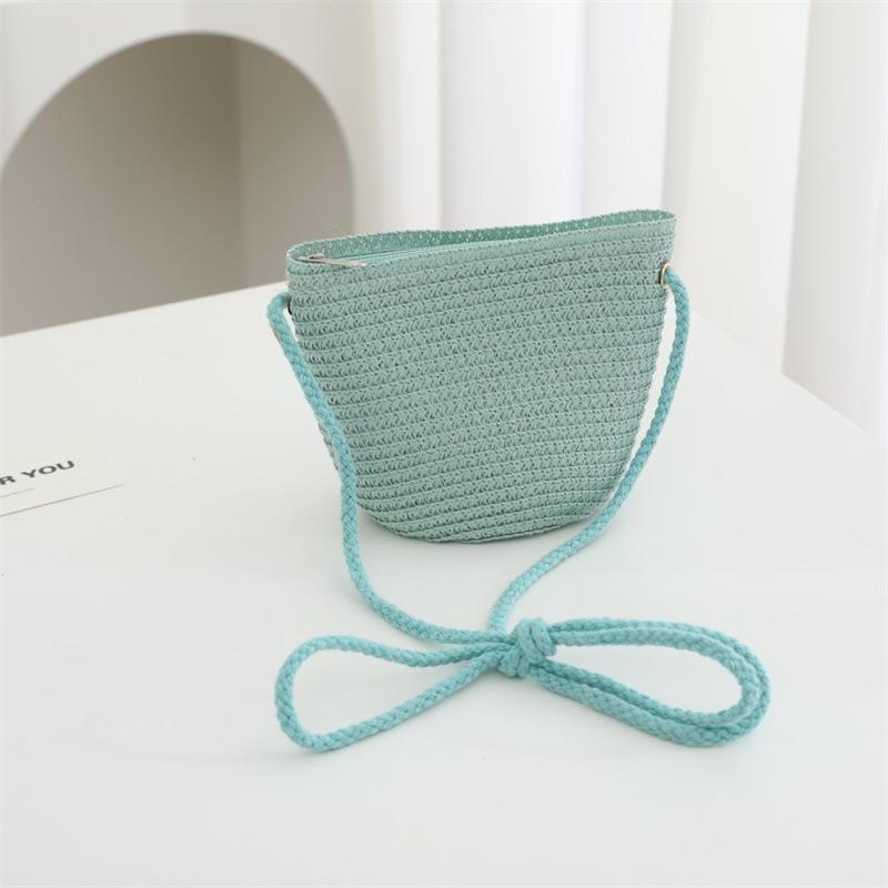 Summer Solid Color Straw Bag Shoulder Messenger Round Bag Children Versatile Outing Beach Bag Light Board DIY Round Weaving