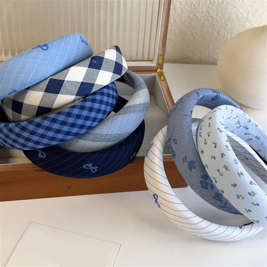 Classic Blue Tartan Sponge Headband For Women Girls Bow Hair Clip Gentle Pressure Free Design School Party Accessory