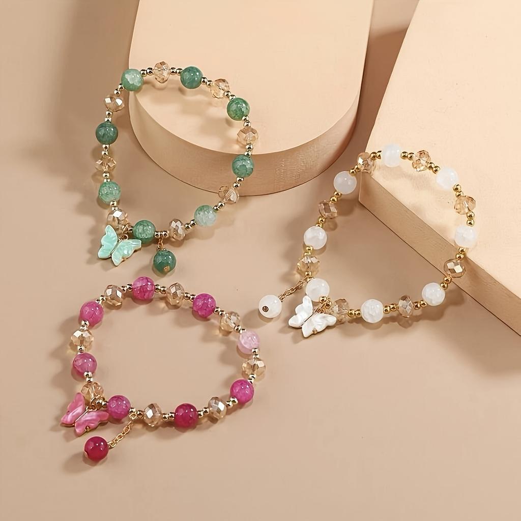 3pcs Boho Glass Bead Bracelet Set, Butterfly Pendant Vintage Elegant Wristband - Ideal Birthday Gift for Women, Charm Bracelets