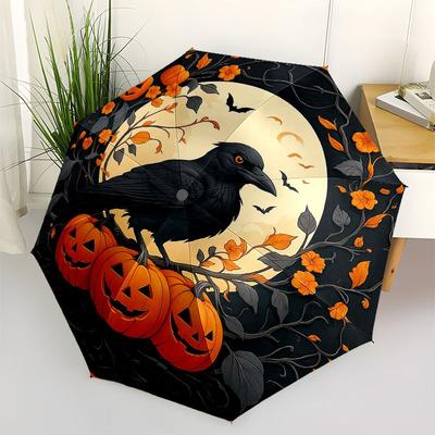 Halloween-Kürbisfeld mit Krähenschirm, Tragbarer 3-fach Kompakt-Regenschirm für Damen & Herren R144