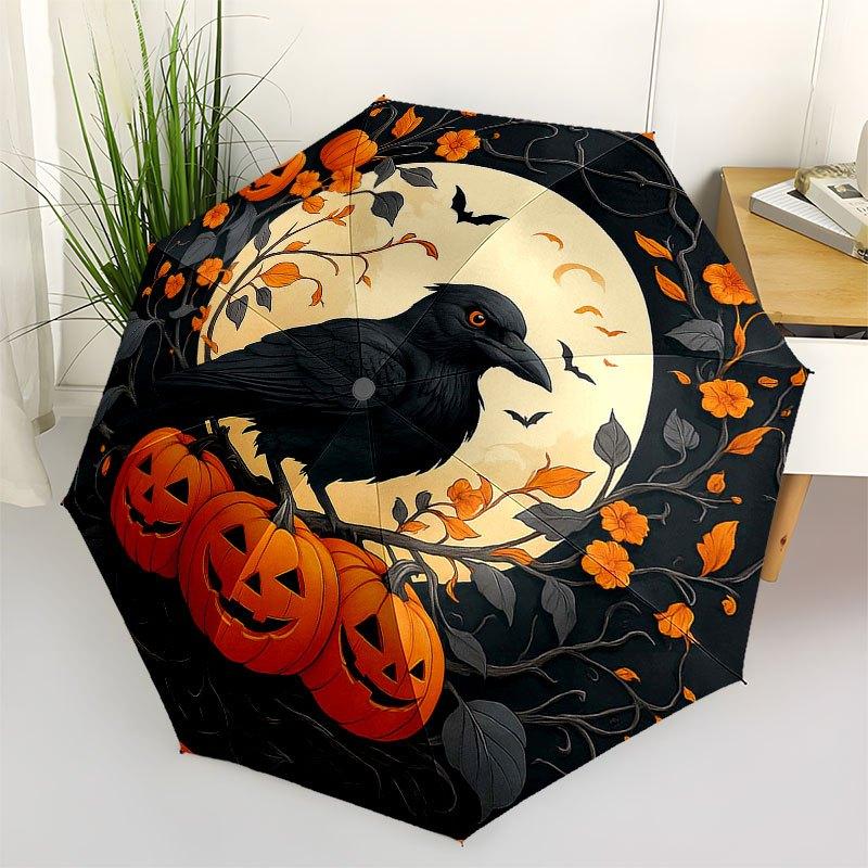 Halloween Pumpkin Patch with Crow Umbrella, Portable 3-Fold Compact Umbrella for Men & Women R144